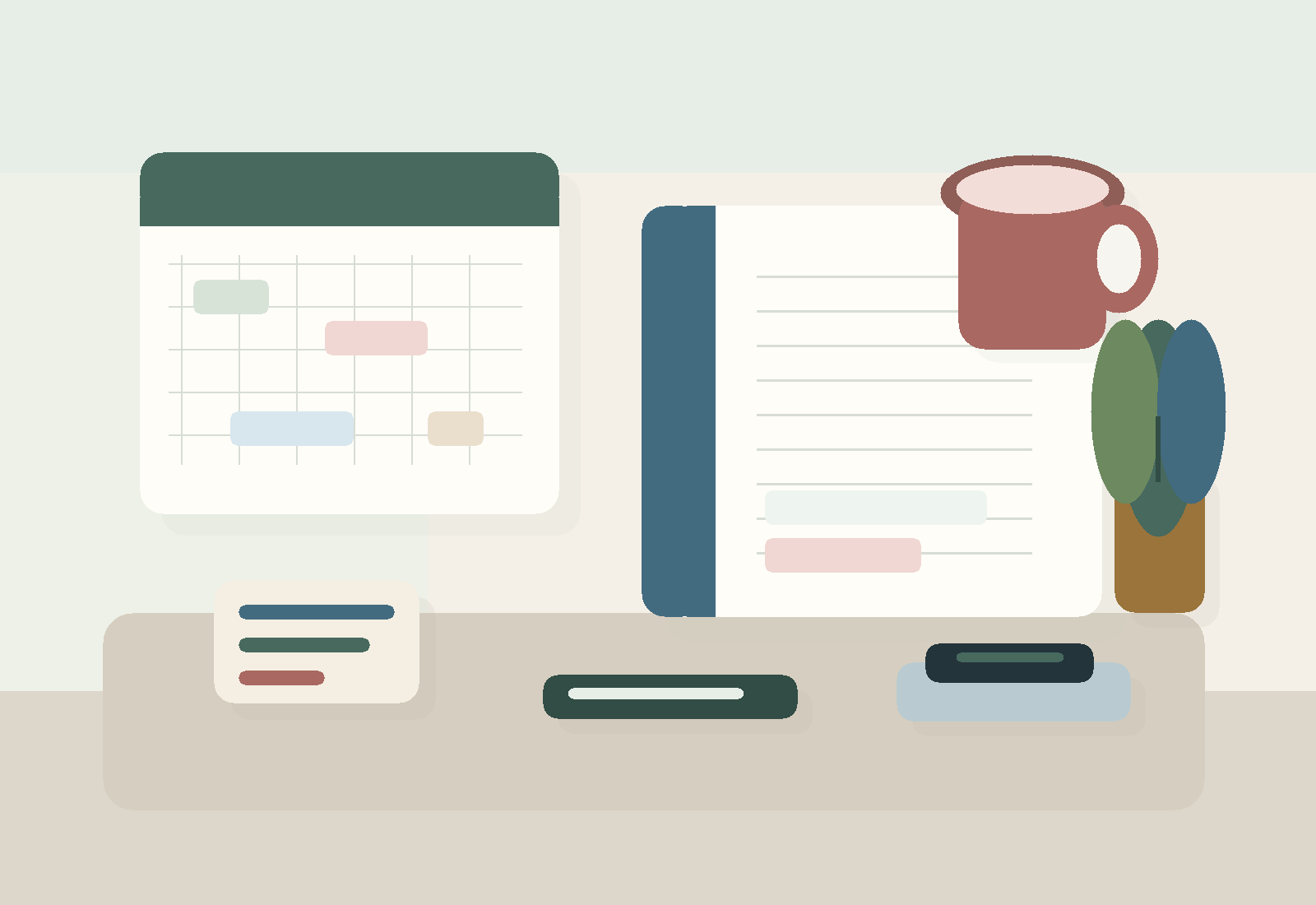 A calm desk scene with a notebook, weekly planner, cup, and plant representing structured everyday routines.